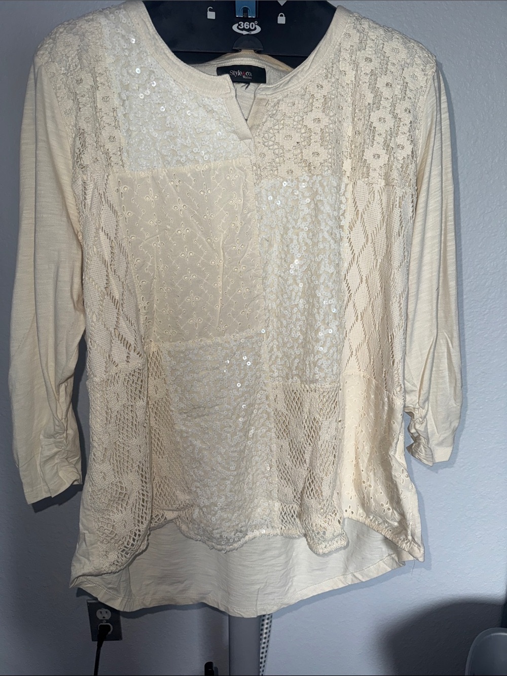 Style & Co. Cream Patchwork Lace & Sequin Tunic